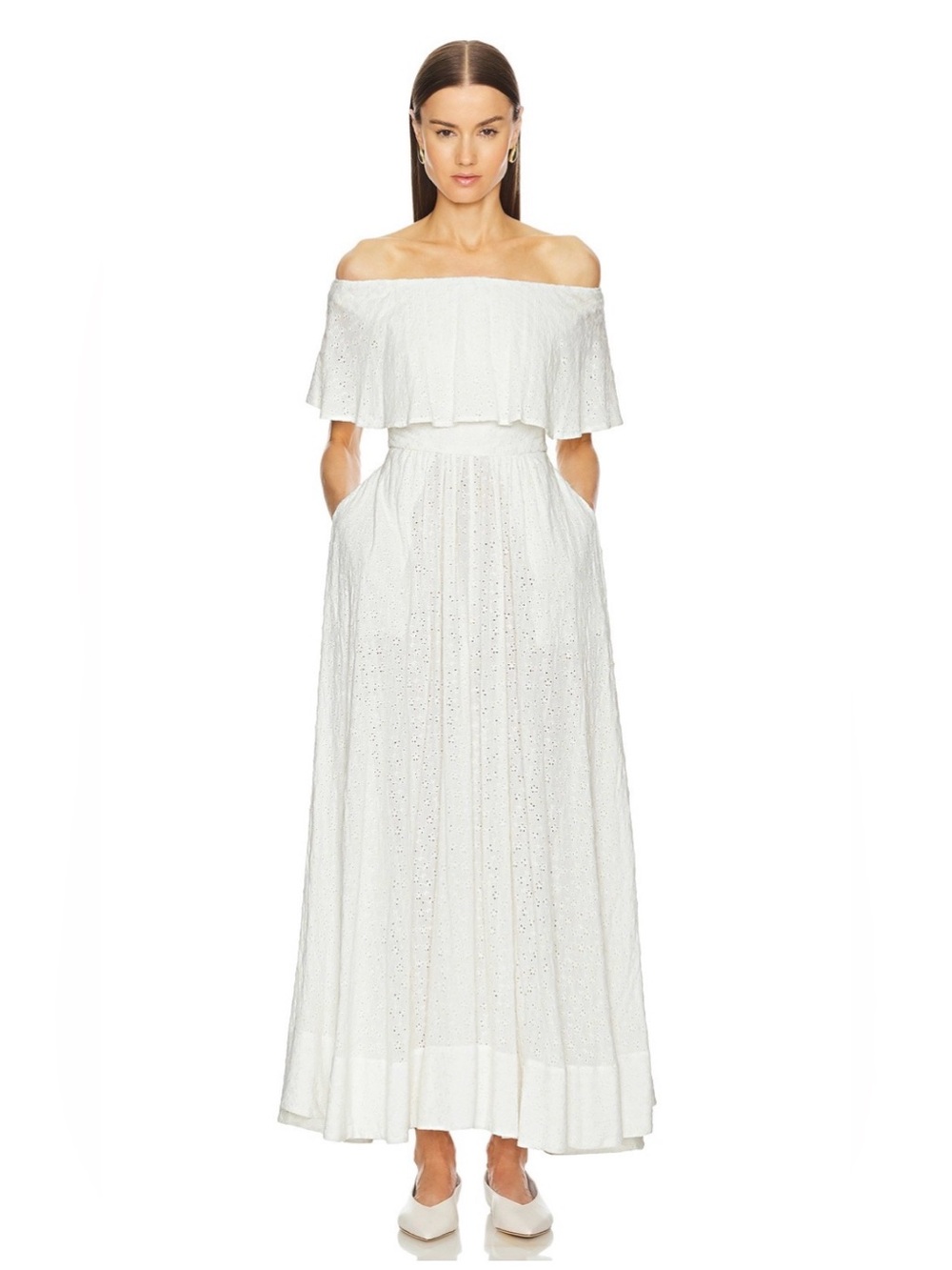 Helsa Petite Eyelet Garden off shoulder white ankle dress sz L boho cottagecore
